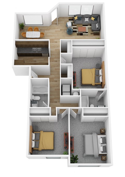 A floor plan for a three bedroom apartment at The Trail, Washington, 98290